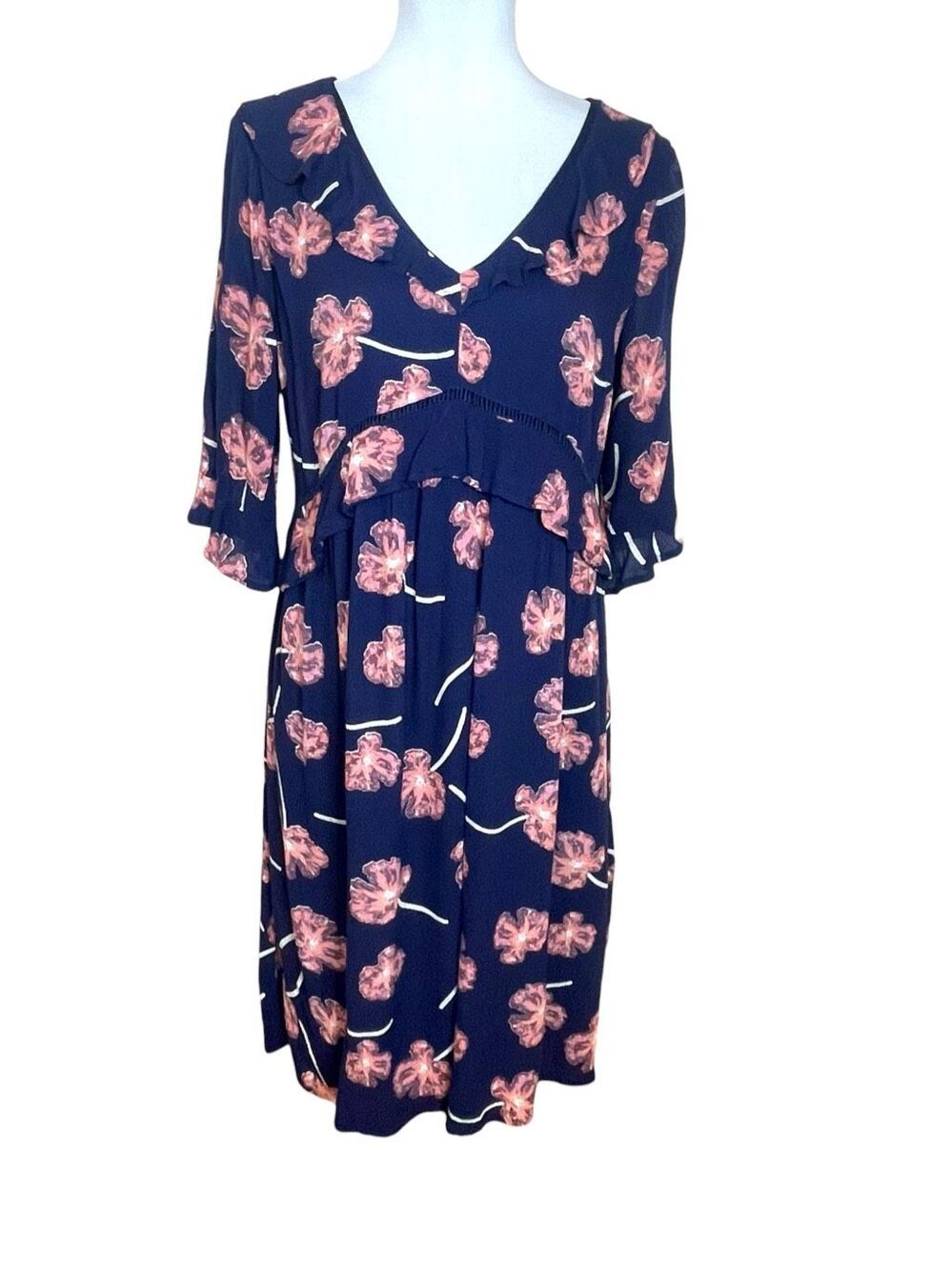 Downeast Ruffle Hem Empire Waist Floral Dress Navy Blue and Pink Size Small